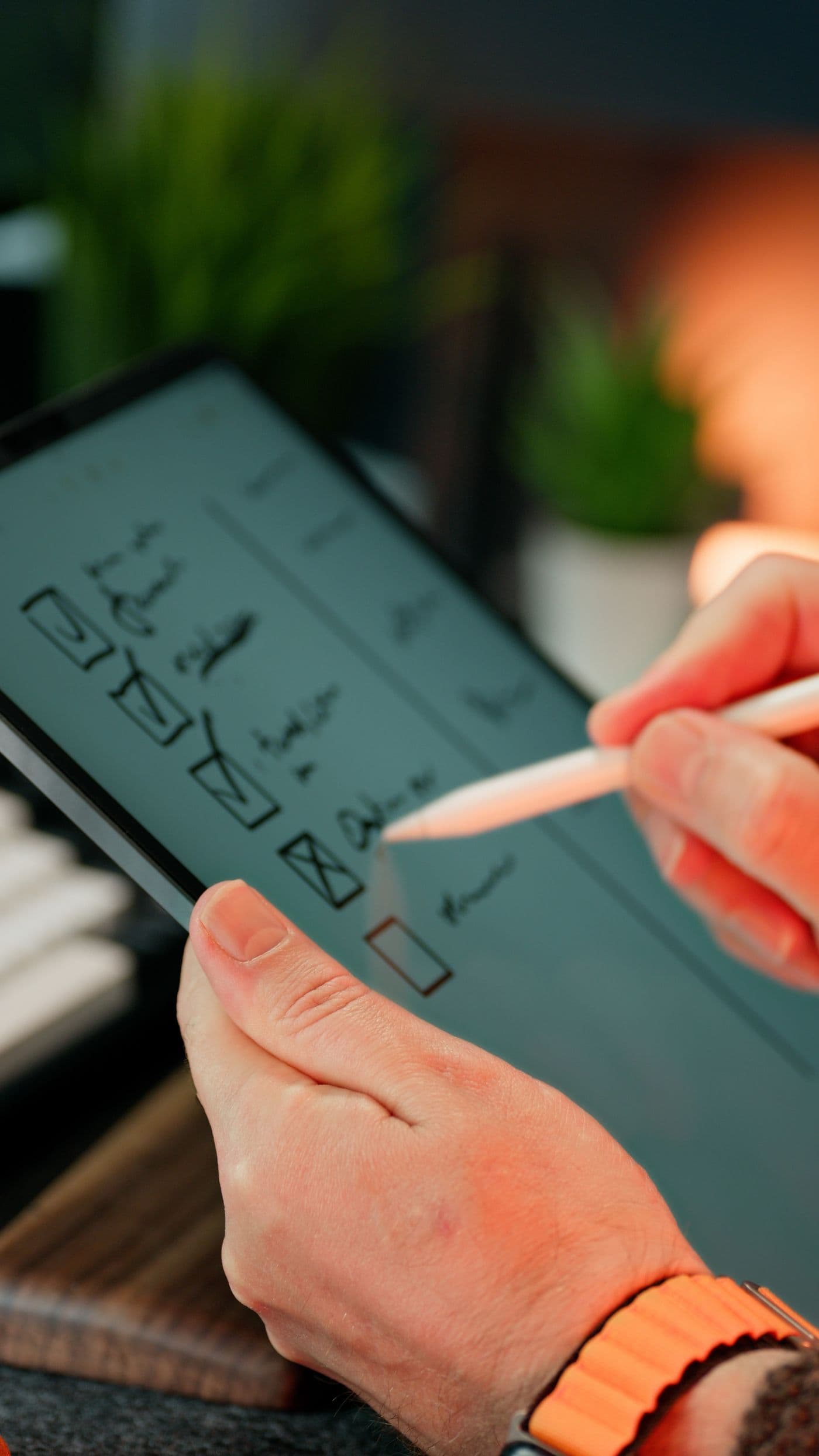 Hands marking off a checklist on a tablet with a stylus