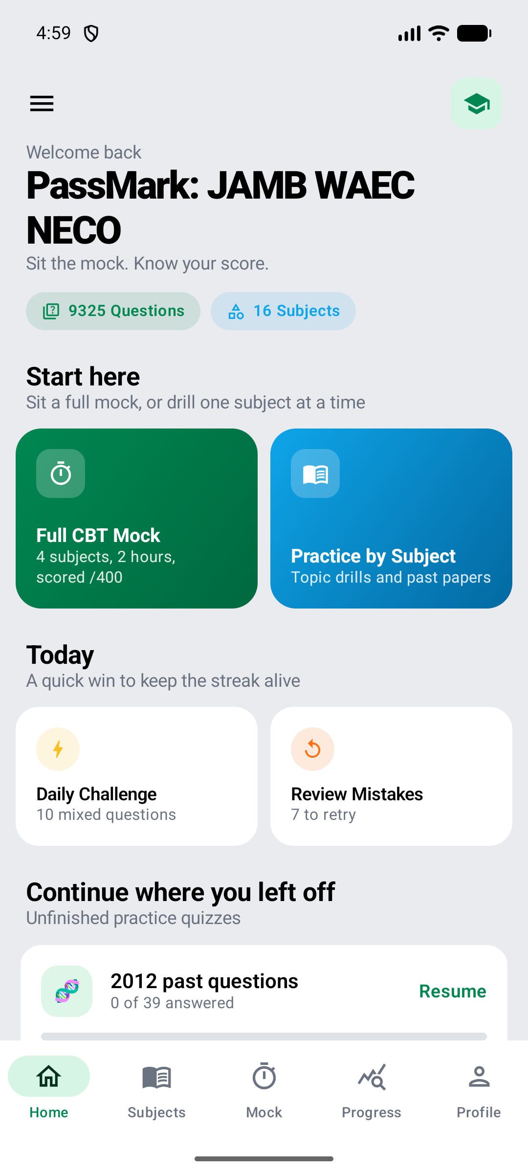 PassMark home screen